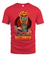 Halloween Skeleton Pumpkin Head Graphic T-Shirt - red t-shirt on white background