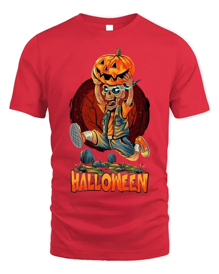 Halloween Skeleton Pumpkin Head Graphic T-Shirt - red t-shirt on white background