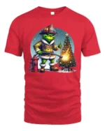 Funny Firefighter Grinch Christmas Tree Graphic T-Shirt - red t-shirt on white background