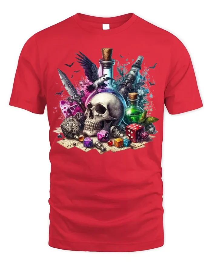 Skull Dice Potion Fantasy Gaming Graphic T-Shirt - red t-shirt on white background