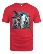 Creepy Witch Haunted Castle Halloween Graphic T-Shirt - red t-shirt on white background