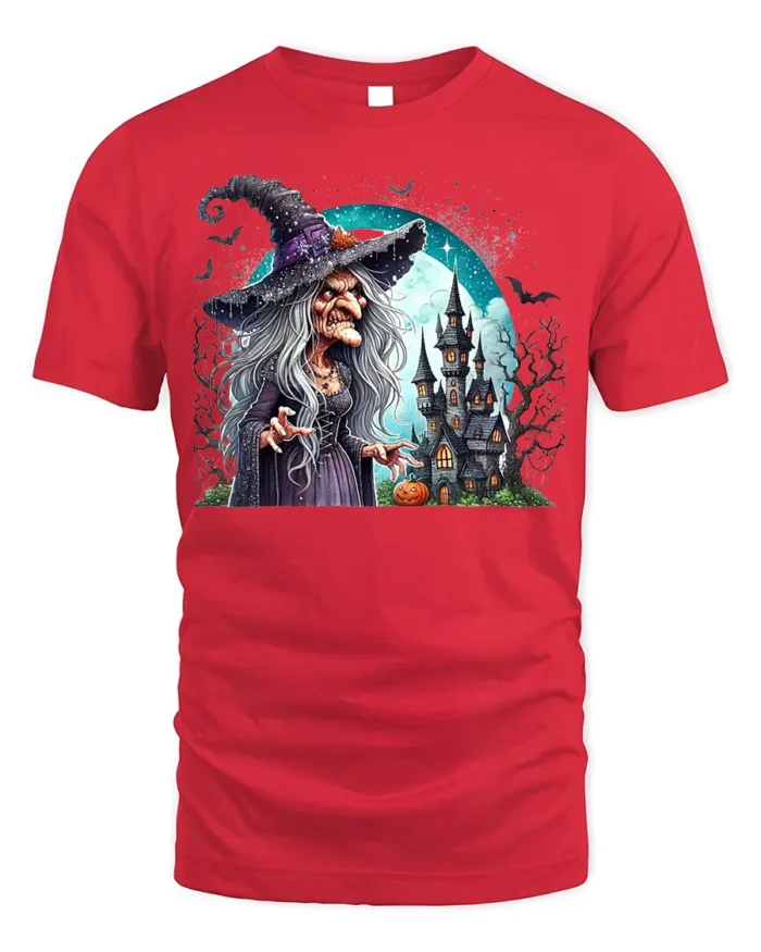Creepy Witch Haunted Castle Halloween Graphic T-Shirt - red t-shirt on white background