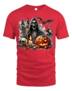 Grim Reaper Pumpkin Skull Halloween Graphic T-Shirt - red t-shirt on white background