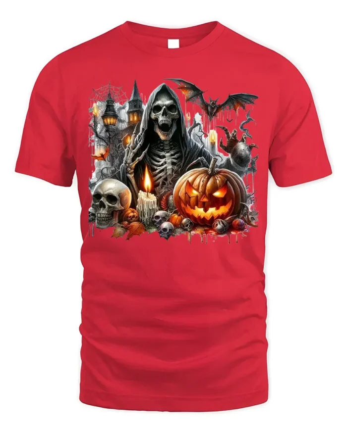 Grim Reaper Pumpkin Skull Halloween Graphic T-Shirt - red t-shirt on white background