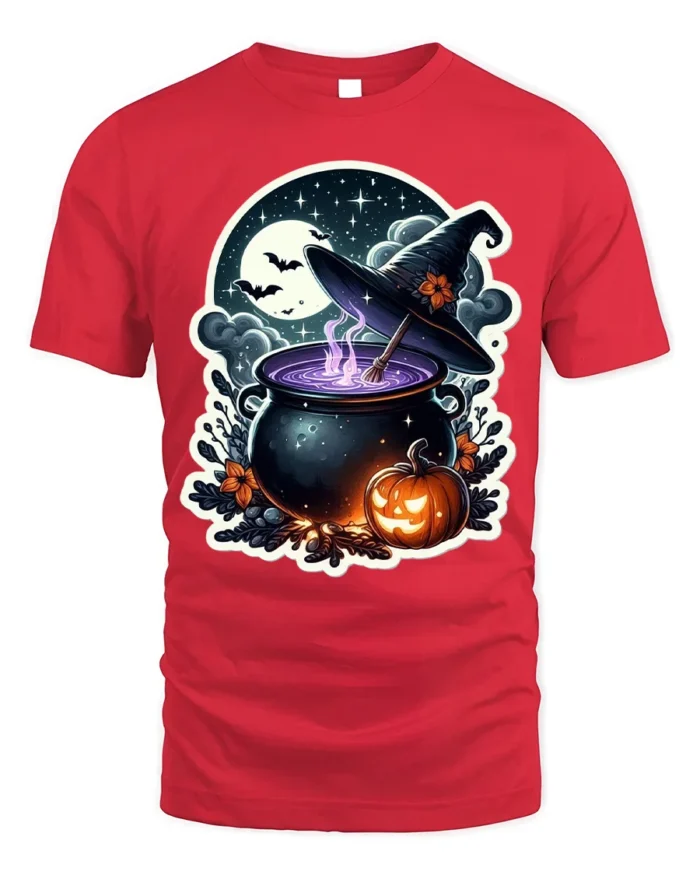 Witch Cauldron Pumpkin Moon Halloween Graphic T-Shirt - red t-shirt on white background