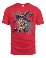 Creepy Witch Spider Web Halloween Graphic T-Shirt - red t-shirt on white background