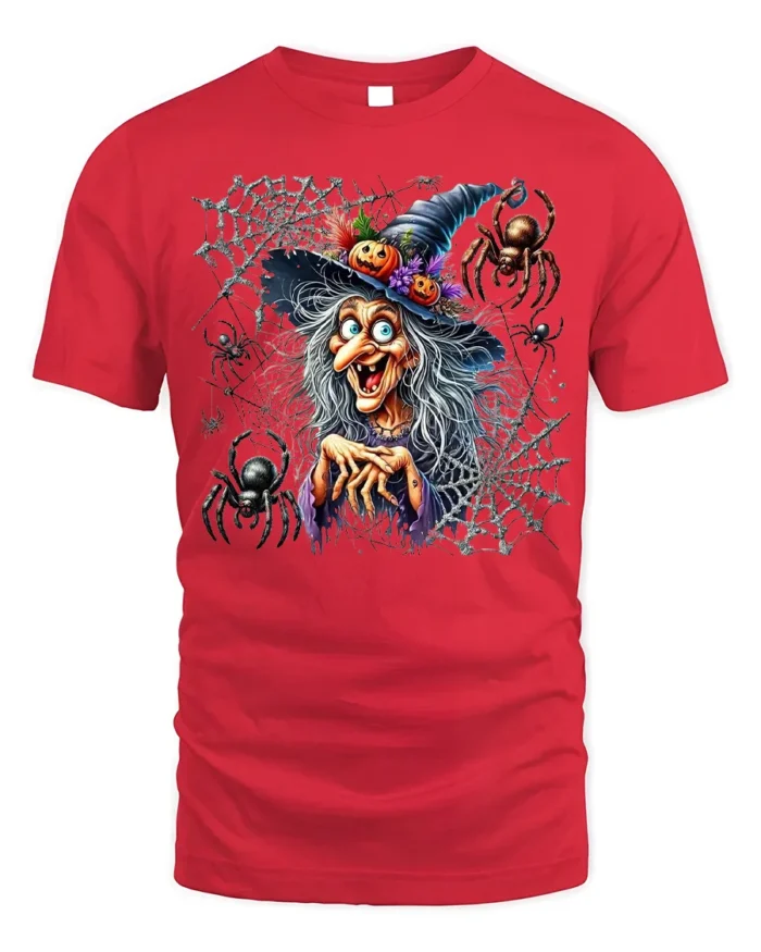 Creepy Witch Spider Web Halloween Graphic T-Shirt - red t-shirt on white background