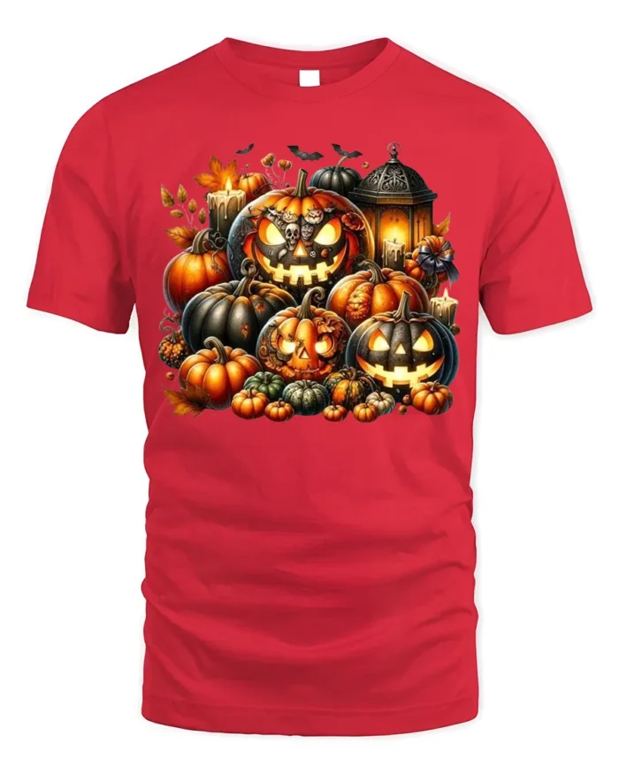 Glowing Pumpkin Jack O Lantern Halloween T-Shirt - red t-shirt on white background
