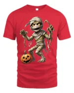 Creepy Mummy Pumpkin Halloween Night Graphic T-Shirt - red t-shirt on white background