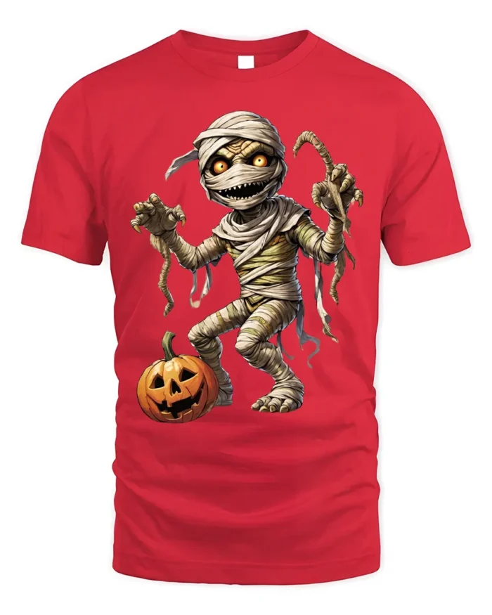 Creepy Mummy Pumpkin Halloween Night Graphic T-Shirt - red t-shirt on white background