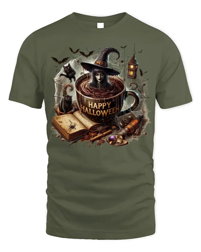 Halloween Witch Coffee Mug Graphic Print T-Shirt - military green t-shirt on white background