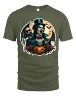 Vampire Skull Pumpkin Gothic Halloween Graphic T-Shirt - military green t-shirt on white background