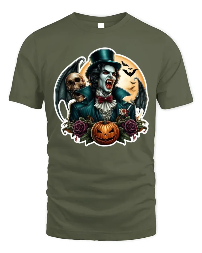 Vampire Skull Pumpkin Gothic Halloween Graphic T-Shirt - military green t-shirt on white background