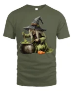 Witch Stirring Cauldron Pumpkin Halloween T-Shirt - military green t-shirt on white background