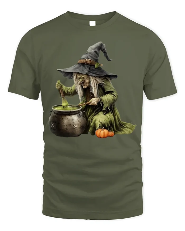 Witch Stirring Cauldron Pumpkin Halloween T-Shirt - military green t-shirt on white background