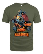 Flying Witch Broomstick Pumpkin Halloween Graphic T-Shirt - military green t-shirt on white background