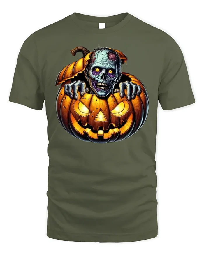 Zombie Creeping Out Pumpkin Halloween Graphic T-Shirt - military green t-shirt on white background
