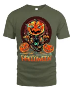 Evil Pumpkin Head Creepy Halloween Graphic T-Shirt - military green t-shirt on white background