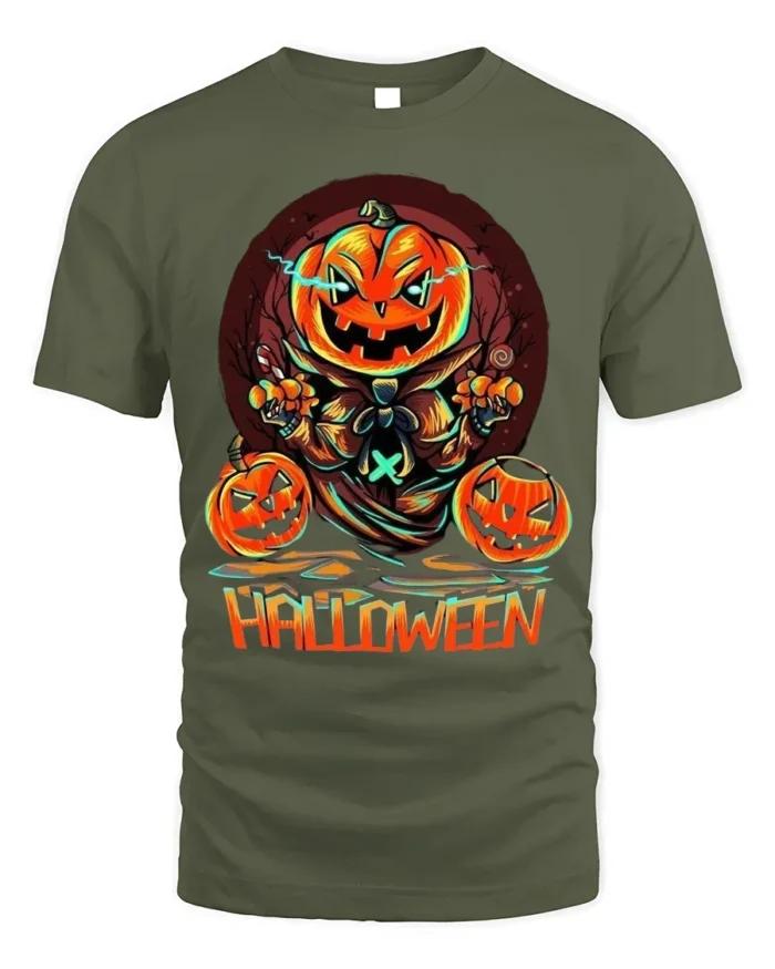 Evil Pumpkin Head Creepy Halloween Graphic T-Shirt - military green t-shirt on white background