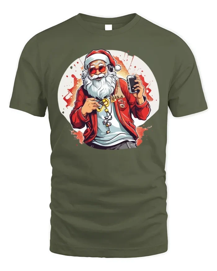Cool Santa Claus Music Headphones Christmas T-Shirt - military green t-shirt on white background