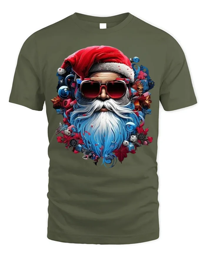 Cool Santa Claus Sunglasses Christmas Graphic T-Shirt - military green t-shirt on white background