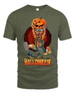 Halloween Skeleton Pumpkin Head Graphic T-Shirt - military green t-shirt on white background