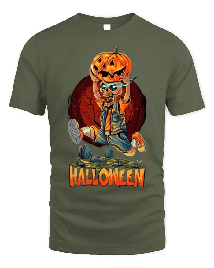 Halloween Skeleton Pumpkin Head Graphic T-Shirt - military green t-shirt on white background