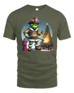Funny Firefighter Grinch Christmas Tree Graphic T-Shirt - military green t-shirt on white background
