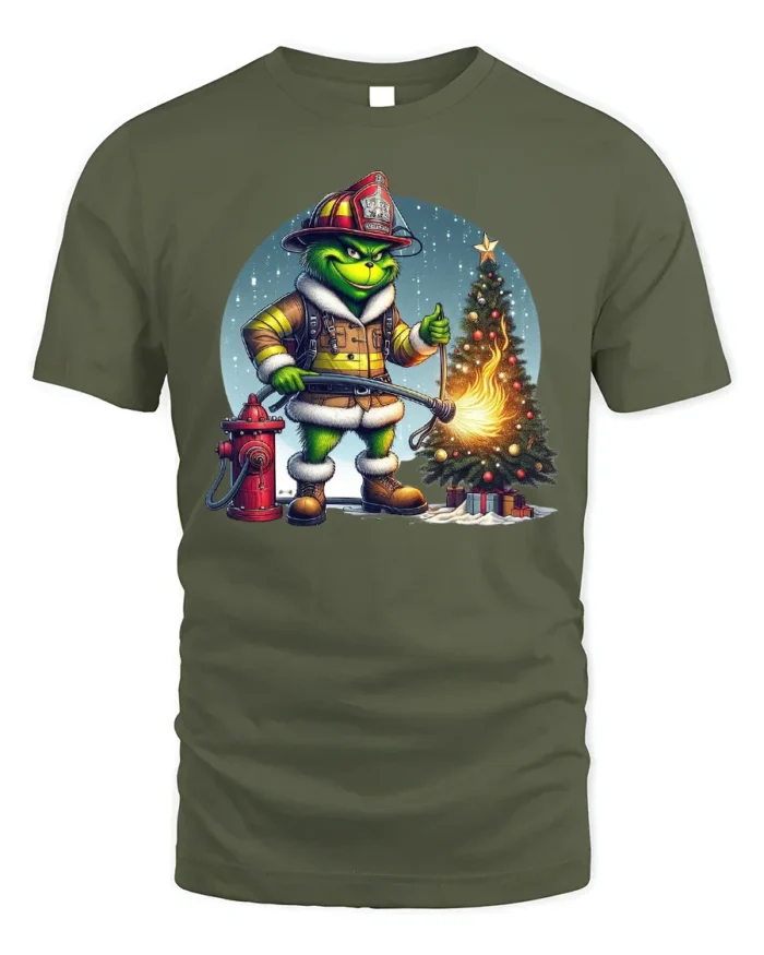 Funny Firefighter Grinch Christmas Tree Graphic T-Shirt - military green t-shirt on white background