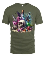 Skull Dice Potion Fantasy Gaming Graphic T-Shirt - military green t-shirt on white background