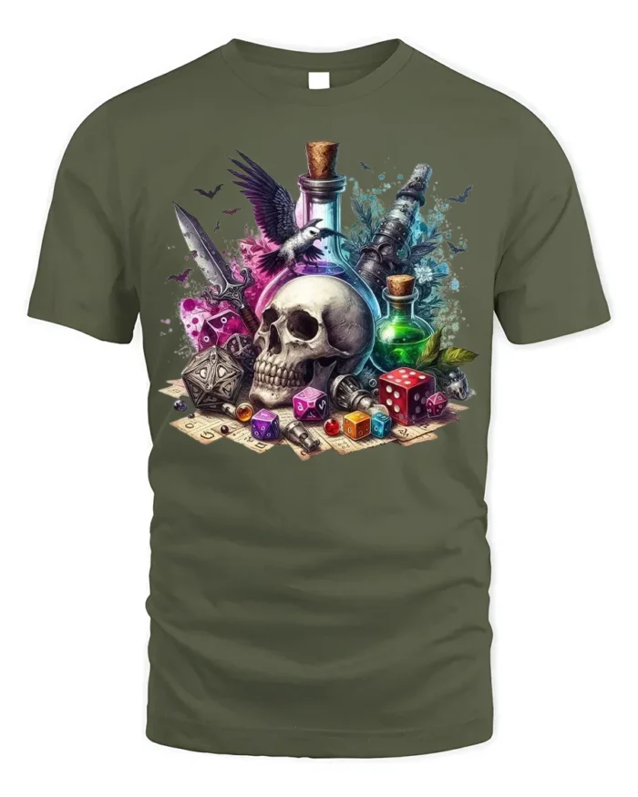 Skull Dice Potion Fantasy Gaming Graphic T-Shirt - military green t-shirt on white background