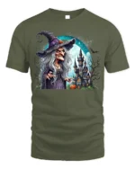 Creepy Witch Haunted Castle Halloween Graphic T-Shirt - military green t-shirt on white background