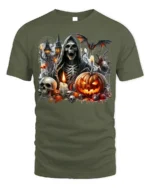 Grim Reaper Pumpkin Skull Halloween Graphic T-Shirt - military green t-shirt on white background