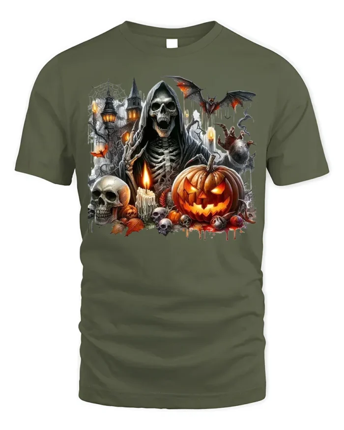 Grim Reaper Pumpkin Skull Halloween Graphic T-Shirt - military green t-shirt on white background