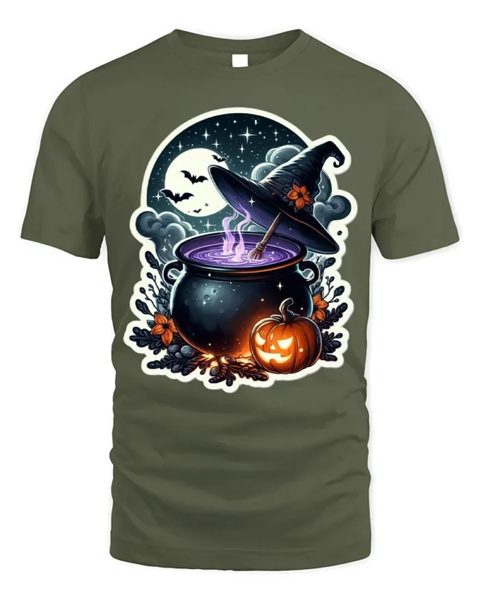 Witch Cauldron Pumpkin Moon Halloween Graphic T-Shirt - military green t-shirt on white background