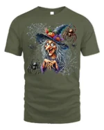 Creepy Witch Spider Web Halloween Graphic T-Shirt - military green t-shirt on white background