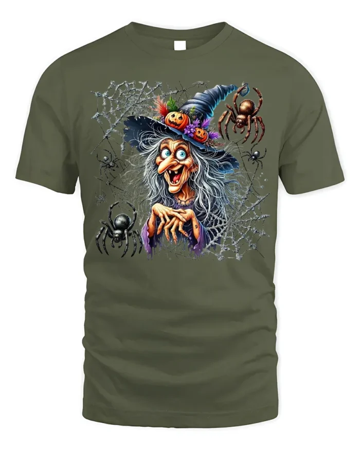 Creepy Witch Spider Web Halloween Graphic T-Shirt - military green t-shirt on white background