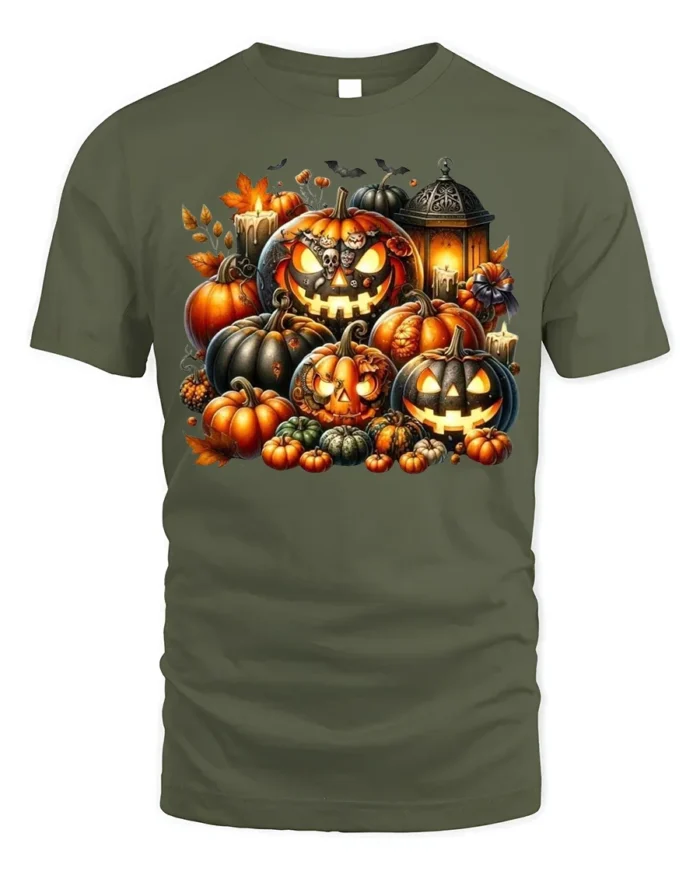 Glowing Pumpkin Jack O Lantern Halloween T-Shirt - military green t-shirt on white background