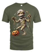Creepy Mummy Pumpkin Halloween Night Graphic T-Shirt - military green t-shirt on white background