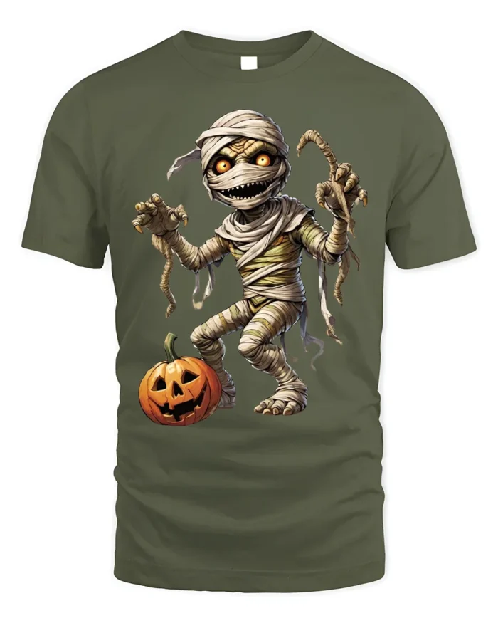 Creepy Mummy Pumpkin Halloween Night Graphic T-Shirt - military green t-shirt on white background