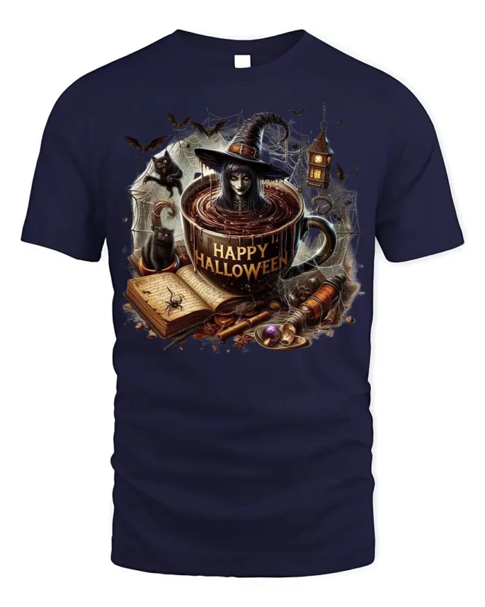 Halloween Witch Coffee Mug Graphic Print T-Shirt - navy t-shirt on white background