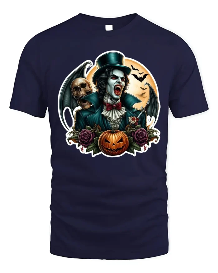 Vampire Skull Pumpkin Gothic Halloween Graphic T-Shirt - navy t-shirt on white background