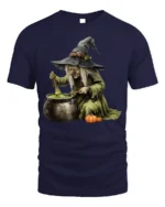 Witch Stirring Cauldron Pumpkin Halloween T-Shirt - navy t-shirt on white background