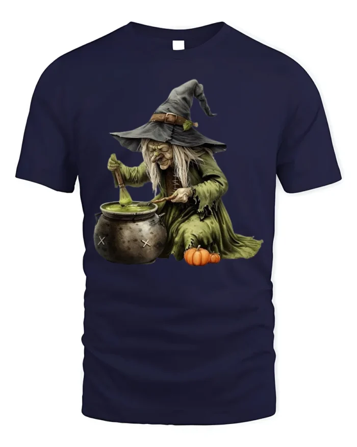 Witch Stirring Cauldron Pumpkin Halloween T-Shirt - navy t-shirt on white background