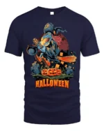 Flying Witch Broomstick Pumpkin Halloween Graphic T-Shirt - navy t-shirt on white background