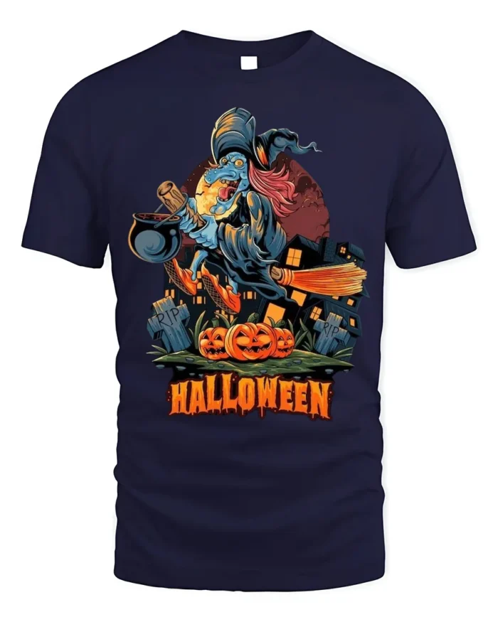 Flying Witch Broomstick Pumpkin Halloween Graphic T-Shirt - navy t-shirt on white background