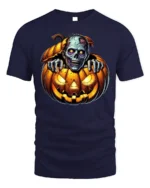 Zombie Creeping Out Pumpkin Halloween Graphic T-Shirt - navy t-shirt on white background