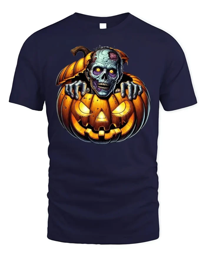 Zombie Creeping Out Pumpkin Halloween Graphic T-Shirt - navy t-shirt on white background
