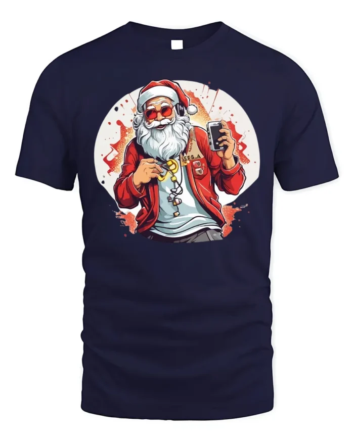 Cool Santa Claus Music Headphones Christmas T-Shirt - navy t-shirt on white background