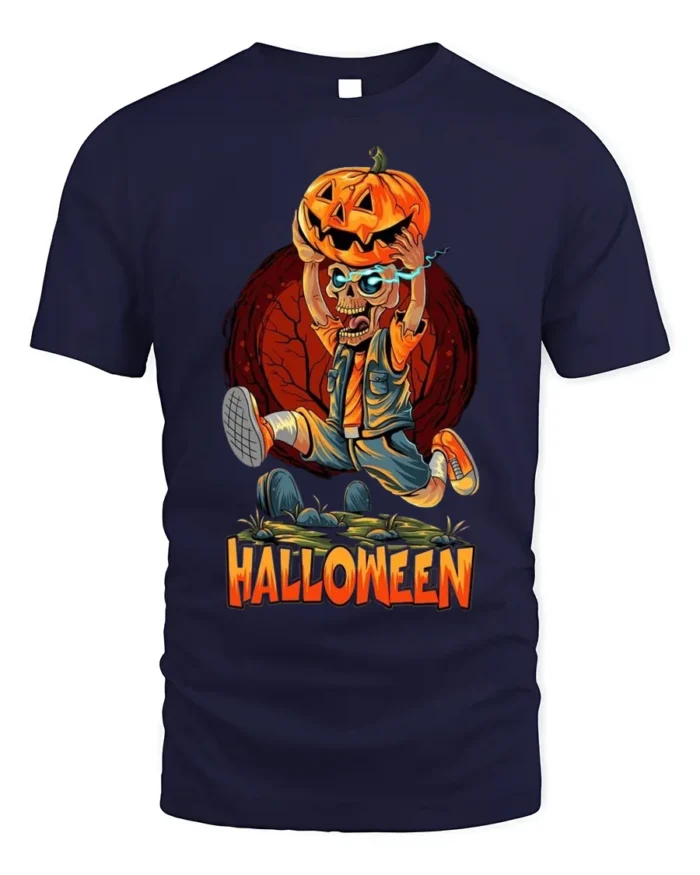 Halloween Skeleton Pumpkin Head Graphic T-Shirt - navy t-shirt on white background